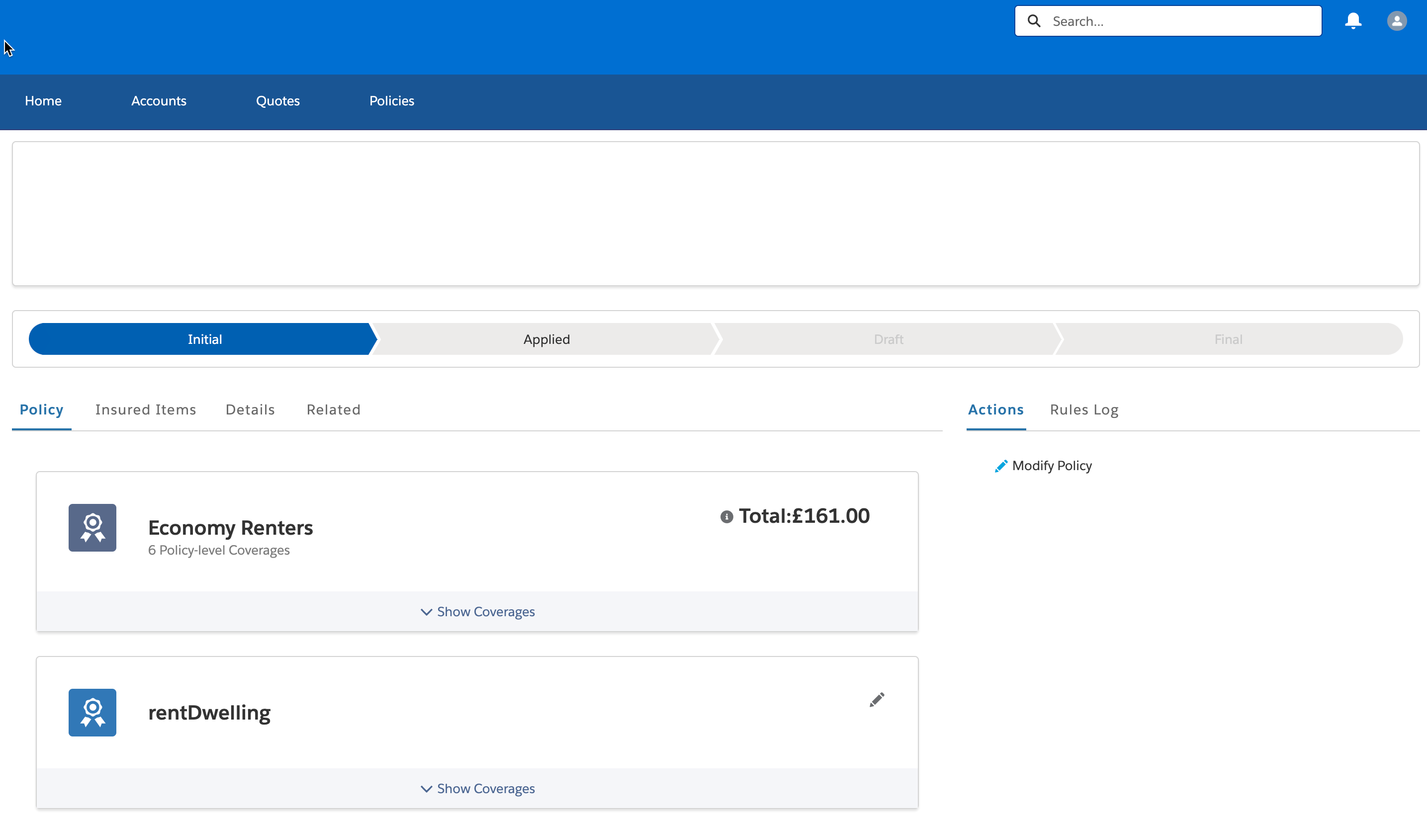 Illustrates the Policy details on the broker Experience site.