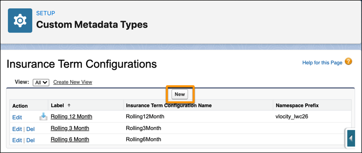 Botão Novo na lista Configurações do termo de seguro