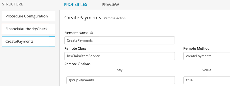 Propriedades de Ação remota CreatePayments no Designer de procedimentos de integração