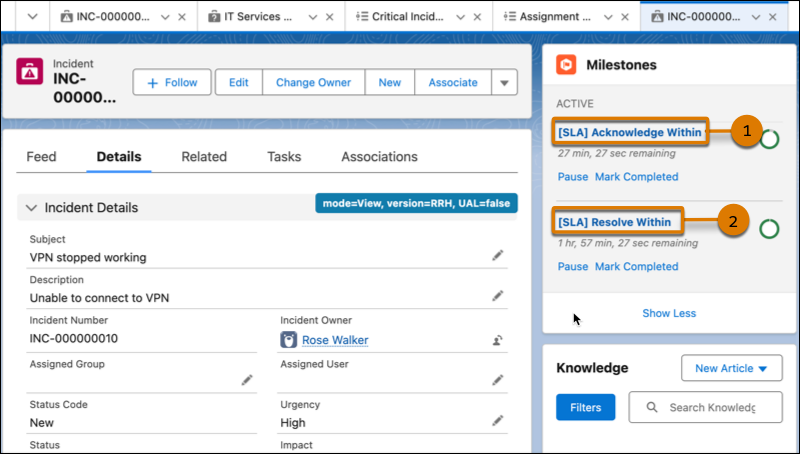 Active milsetones for an incident record
