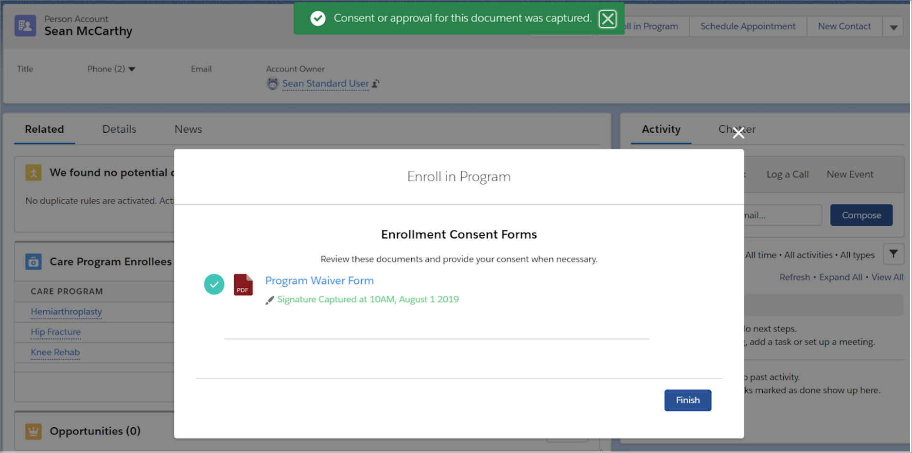 Screenshot of completed patient consent form.