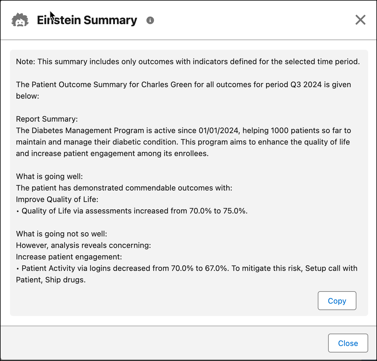Sample Patient Outcome Summary