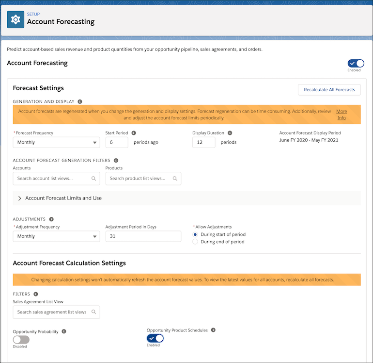 Account forecasting opportunity product schedule setting