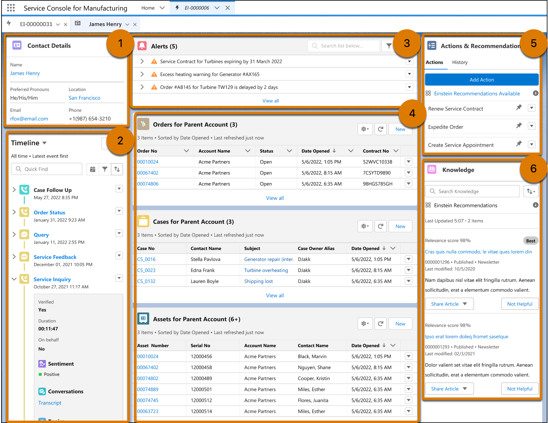 Service Console for Manufacturing with a Contact Details card, a Timeline card, an Alerts card, snapshots of order, case, and asset records, an Action and Recommendations card, and a Knowledge card.