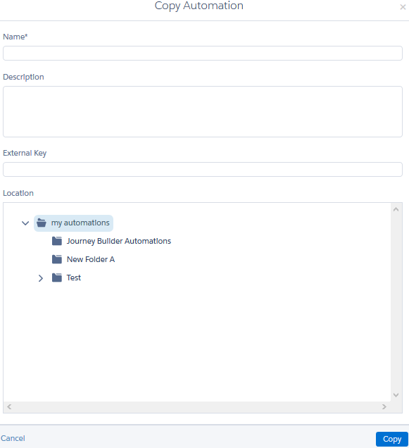 Name and provide an external key and location for your automation copy.
