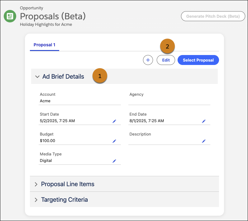 Ad Brief section of the Proposal Builder.