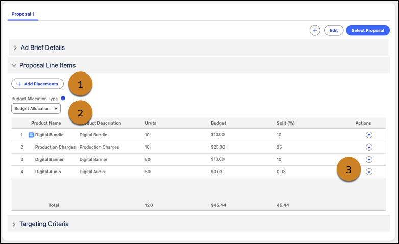 Proposal Line Items section of the Proposal Builder.