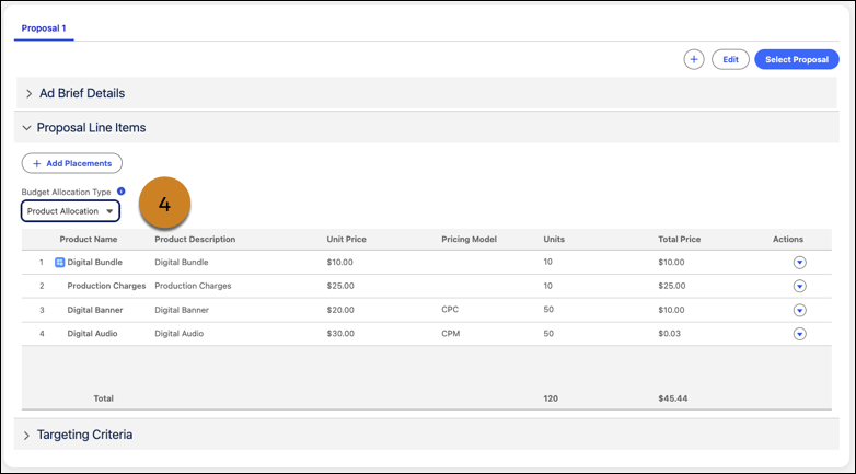Product Allocation view of the Proposal Line Items section on the Proposal Builder.