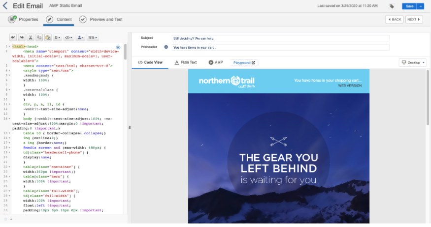 Create an AMP email code view