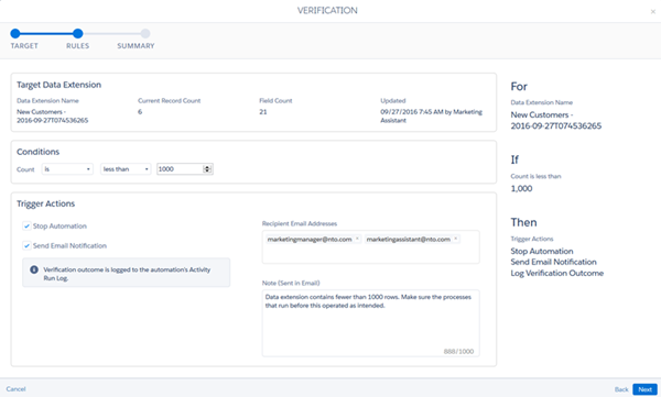 The rules step lets users set conditions, choose to stop the automation, and configure notifications.
