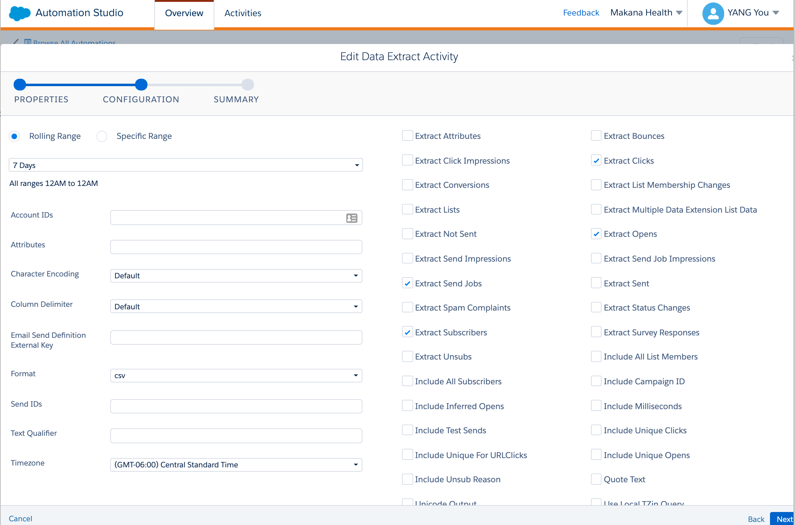 Edit Data Extract Activity Window
