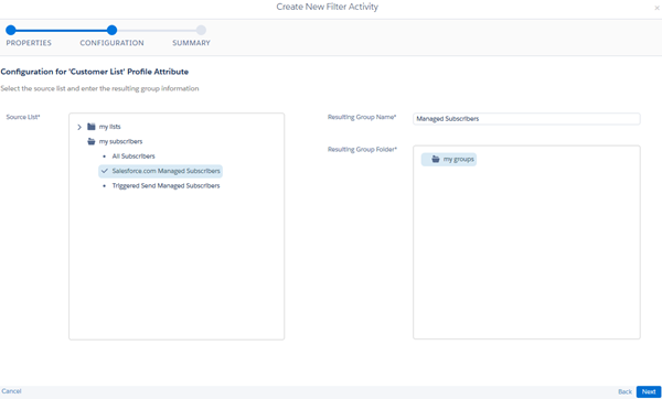 Select a source list and name the group that results from this filter activity.