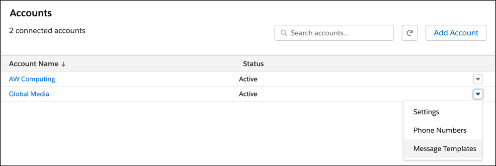 En la aplicación WhatsApp, en la lista desplegable para una cuenta de negocio de WhatsApp activa, la opción Plantillas de mensajes estÔ resaltada.