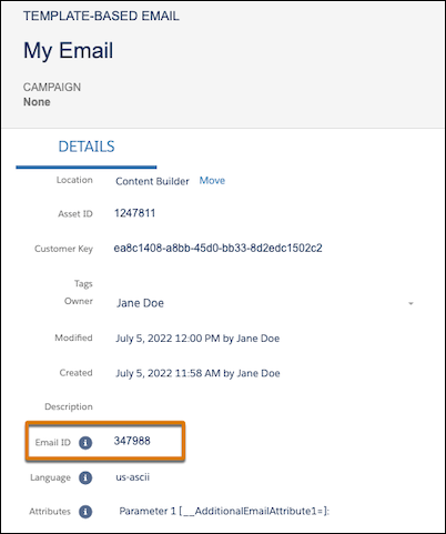 Captura de tela do Content Builder mostrando os detalhes de um email e destacando o ID do email.