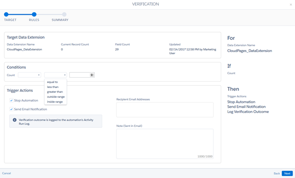 Set conditions and configure the activity to stop or notify when they are not met.