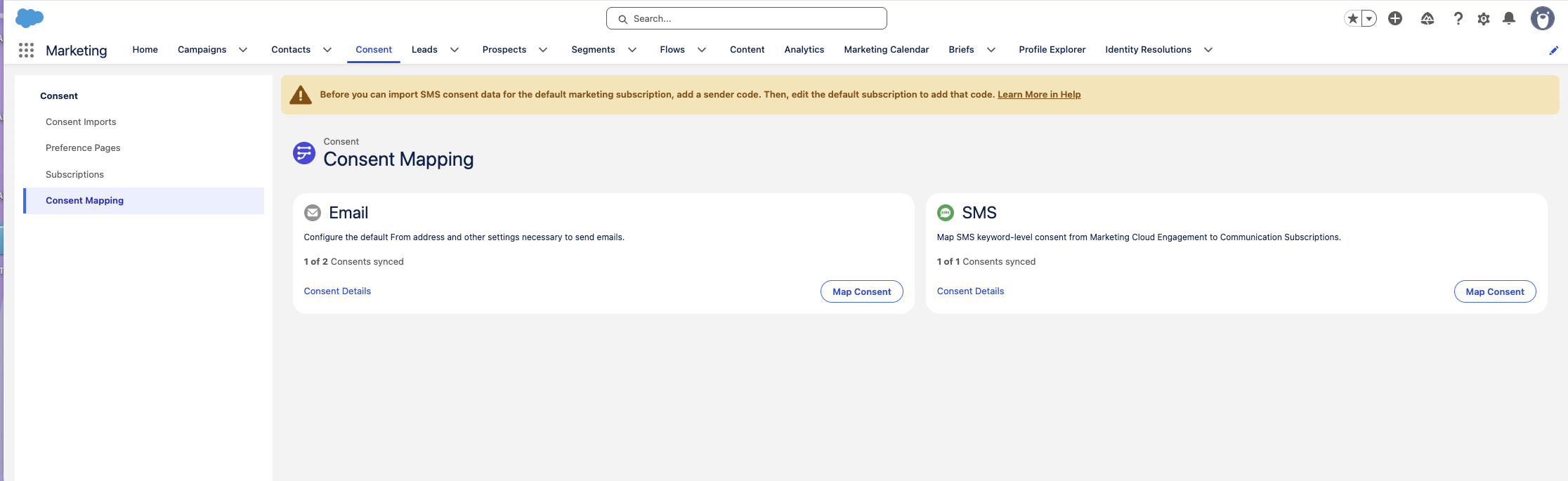 The Consent Mapping page showing channel cards for email and SMS with a Map Consent button on each card.
