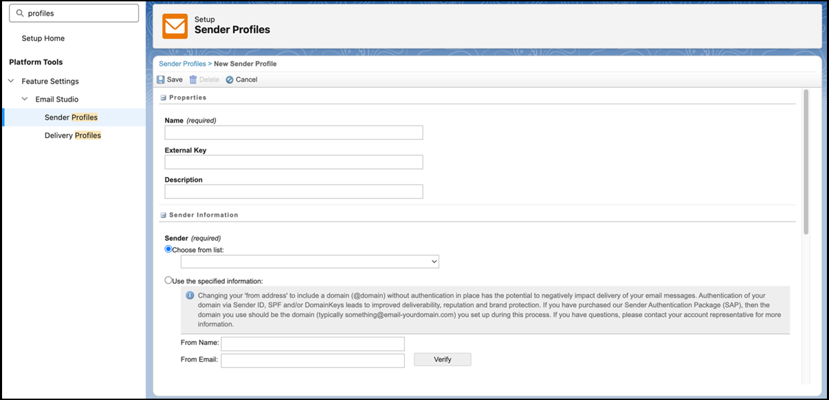 Página Perfiles de remitente en Configuración