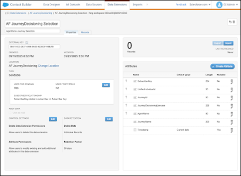 Mostra l'estensione dati dell'agente Journey Decisioning in Marketing Cloud Engagement