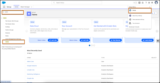 Setup page with Users selected
