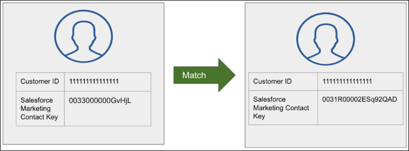 Image showing the customer ID matching, but the Salesforce Marketing Contact Key not matching.