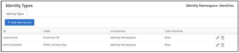 Screen shot showing the customer ID and Salesforce Marketing Cloud contact key identity types.