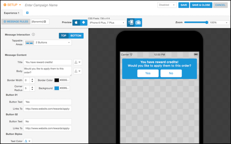 Sample in-app message