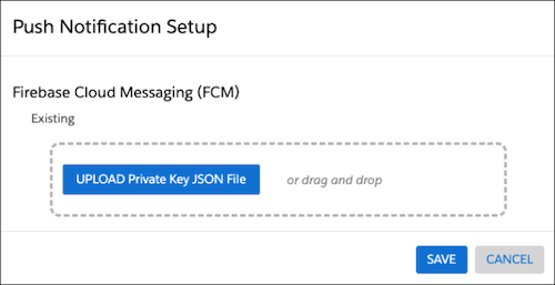 imagen mostrando el lugar para cargar la clave privada para Mensajería de Firebase Cloud