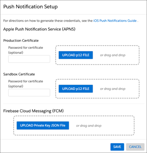 imagen mostrando el lugar para cargar archivos de certificados de producción y sandbox para APN