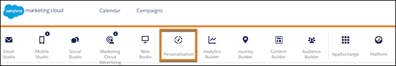 Barra di navigazione superiore per Coinvolgimento Marketing Cloud con Personalizzazione evidenziata
