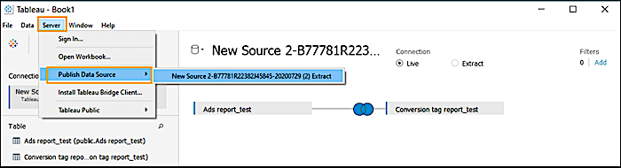 Server tab, publish data source