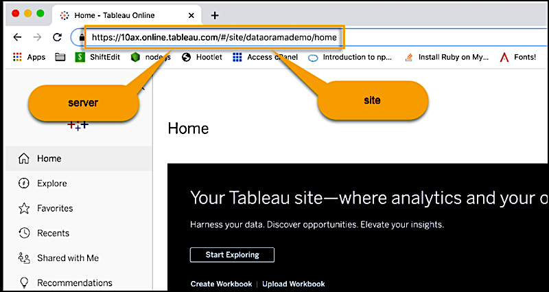 Find the server url and site name from browser url field