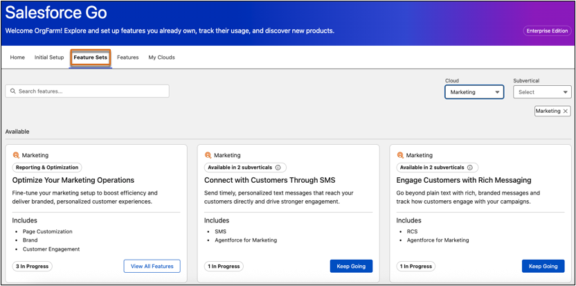 Salesforce Go Feature Sets tab filtered for Marketing, showing feature set cards such as Optimize Your Marketing Operations, Connect with Customers Through SMS, and Engage Customers with Rich Messaging.