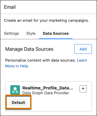 Content builder Data Sources tab showing the Default badge on a data graph.