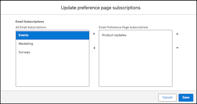 Finestra modale per modificare la pagina delle preferenze email.