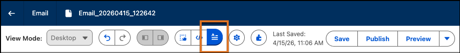 captura de tela da barra de ferramentas principal na parte superior do criador de email com o ícone de visualização de texto simples destacado