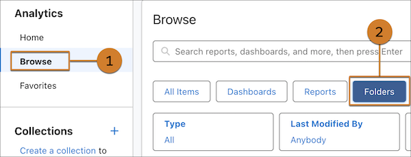 Страница Analytics, отображающая кнопки «Обзор» и «Папки»