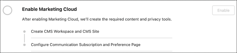 Изображение отображает раздел «Включить Marketing Cloud» с кнопкой «Включить».