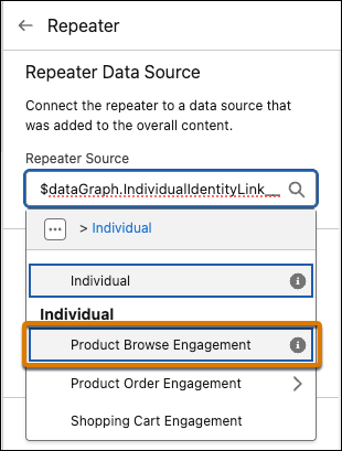 The Repeater Source field in the component property panel contains the Product Browse Engagement source.