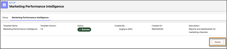 Marketing Performance Intelligence tab showing a successful install and a Delete button.