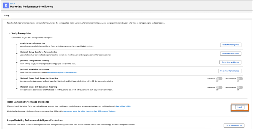 Marketing Performance Intelligence Setup page with an Install button.