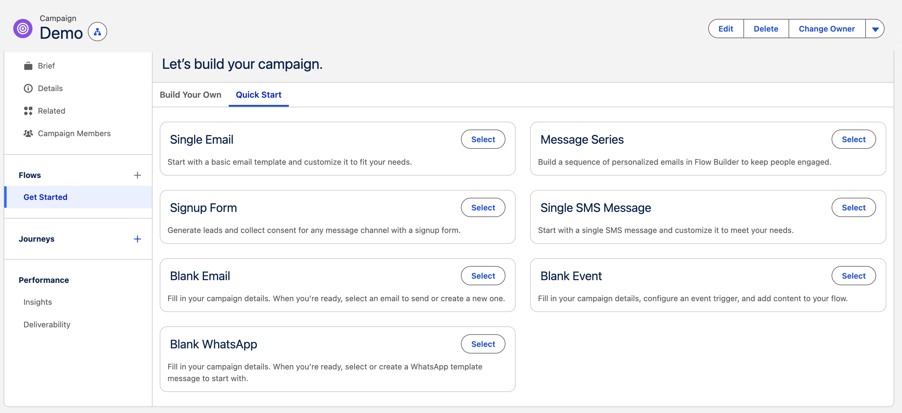 Campaigns tab with a blank whatsapp quick start.