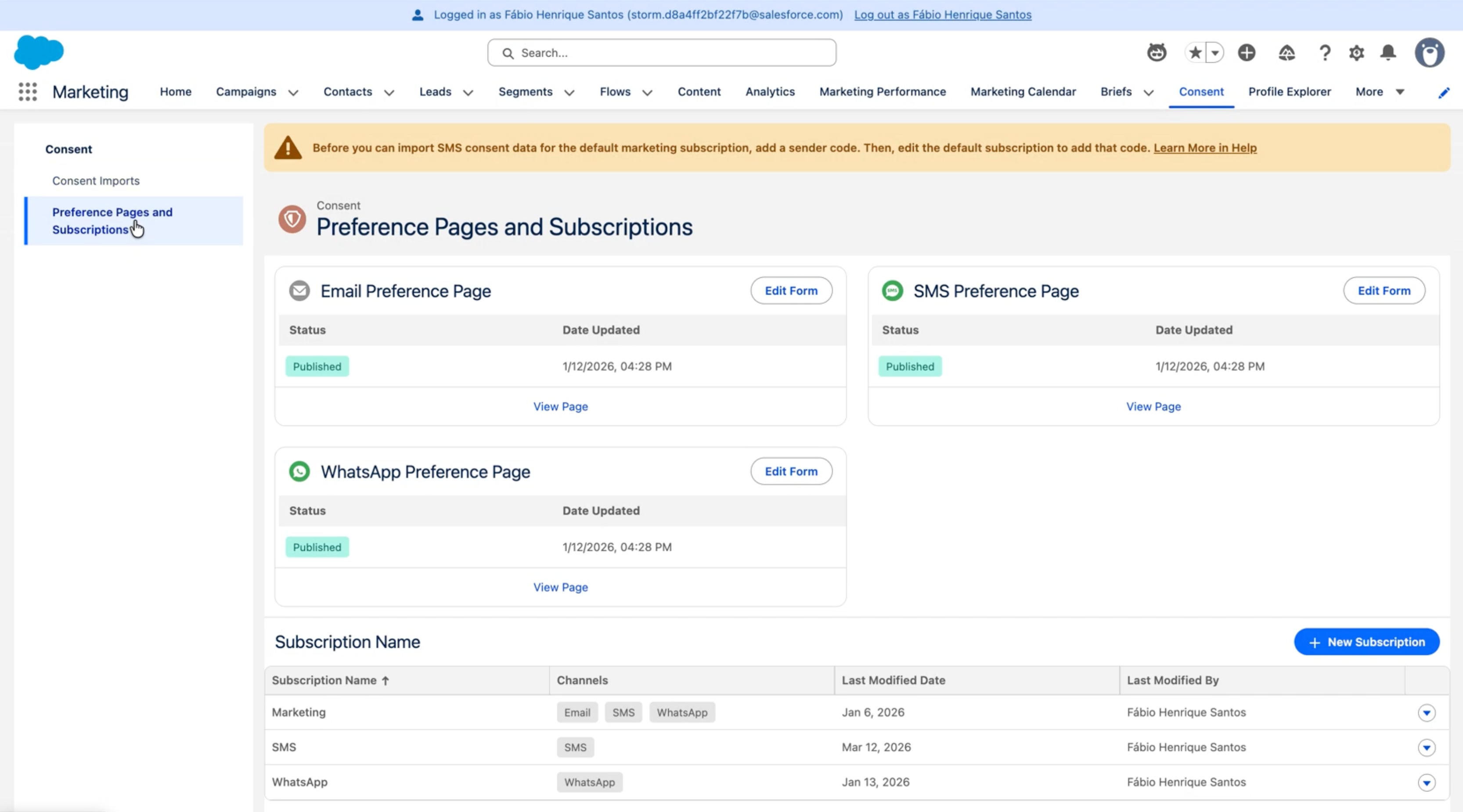 Screen showing communication subscriptions.