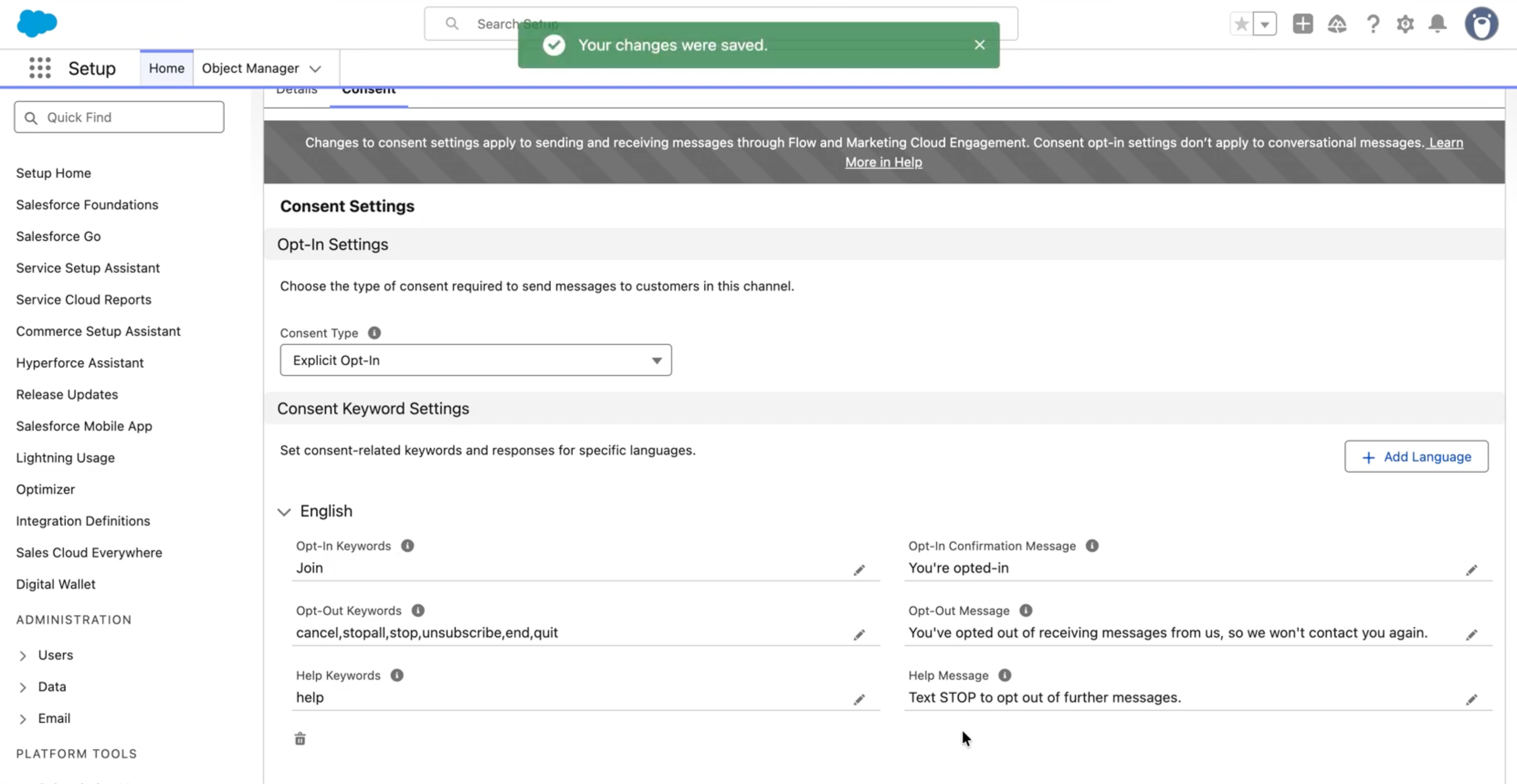 Screen showing consent keyword settings