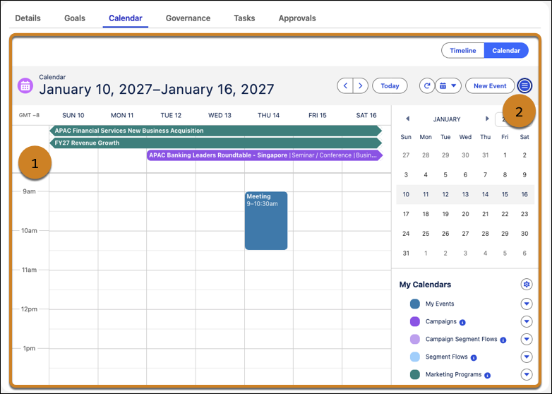 The calendar view of the Schedule panel, showing marketing work laid out on a standard month-style calendar grid.