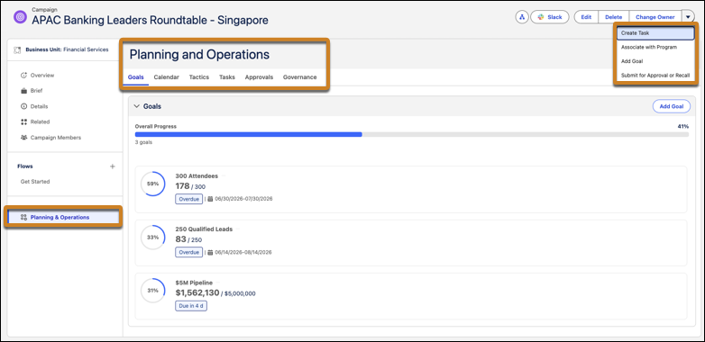 The Planning and Operations area on a campaign, with tabs for Goals, Calendar, Tactics, Tasks, Approvals, and Governance.
