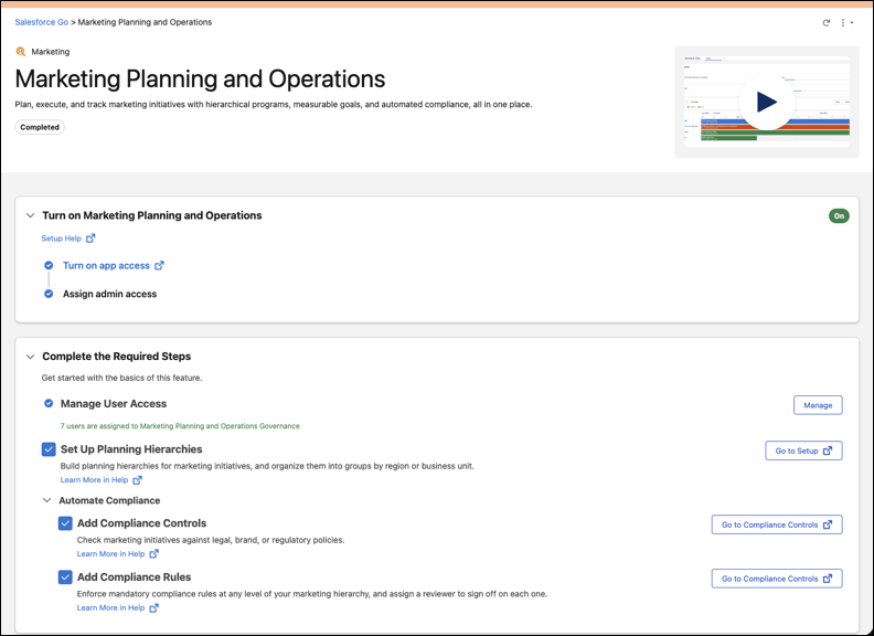 Salesforce Go feature page for Marketing Planning and Operations.