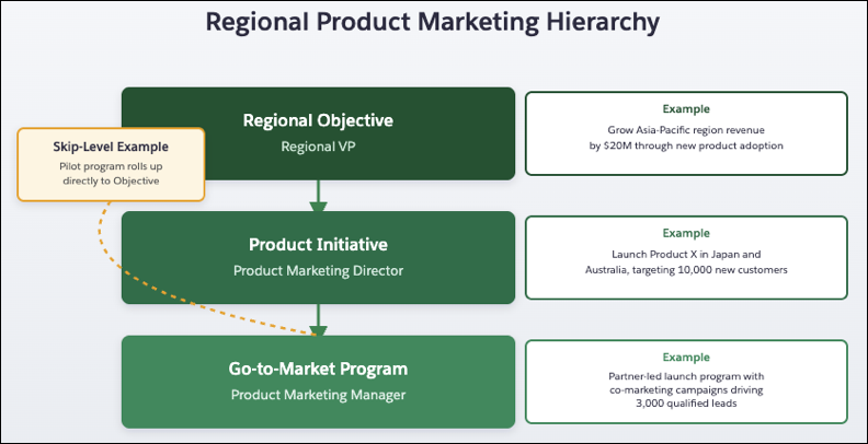 Diagram showing a three-level marketing hierarchy. The regional VP owns the regional objective at the top. The objective cascades down to the product initiative that the product marketing director owns. The product marketing manager owns the go-to-market program at the bottom.