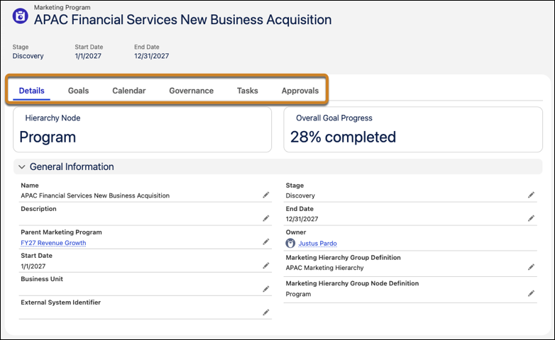 The Marketing Program record page, with tabs for Details, Goals, Calendar, Governance, Tasks, and Approvals.