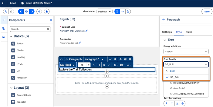 The Style tab of the email builder property panel, with Paragraph Style set to Custom and a published custom font selected in the highlighted Font Family list.
