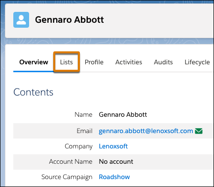 The prospect record with the Lists tab hightlighted.